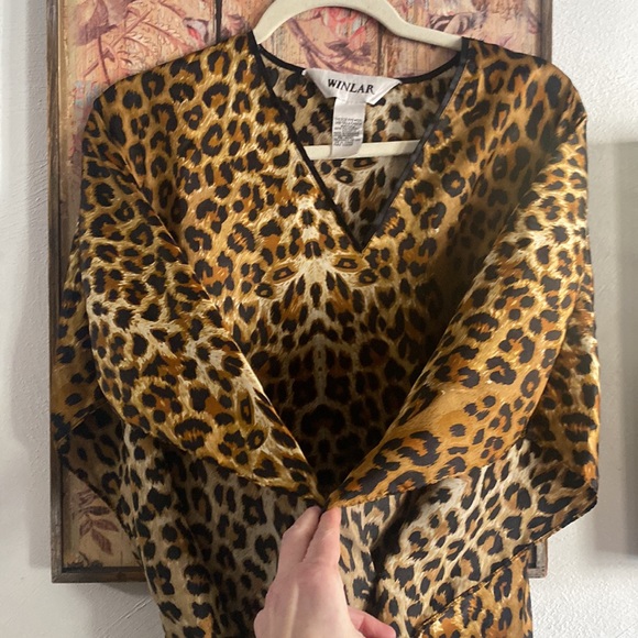 80s 90s VINTAGE BOHO LEOPARD KAFTAN GOWN MAXI DRESS COVERUP LOUNGE ANIMAL PRINT - Picture 6 of 16